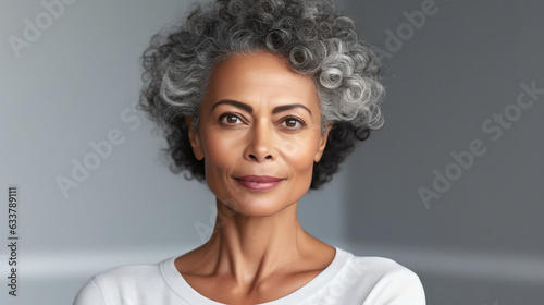 Portrait of middle aged black woman on isolated grey background  mature skin makeup and skincare