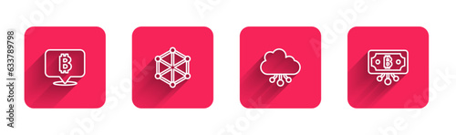 Set line Bitcoin, Blockchain technology, Cryptocurrency cloud mining and with circuit with long shadow. Red square button. Vector