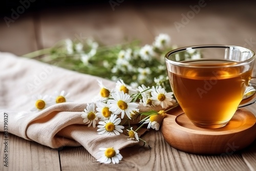 Chamomile herbal tea with flower buds nearby on wooden table. Generative AI