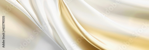 Abstract white and gold silk fabric texture background. Elegant luxury satin cloth with wave. Prestigious, award, luxurious background. .