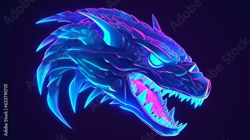 Illustrative Blue Glowing Reptile Head with Fierce Mouth and Sharp Teeth. Generative AI.