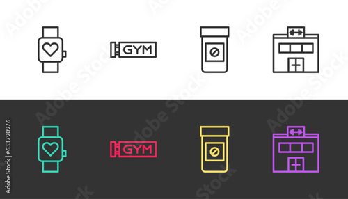 Set line Smart watch, Location gym, Anabolic drugs and Gym building on black and white. Vector