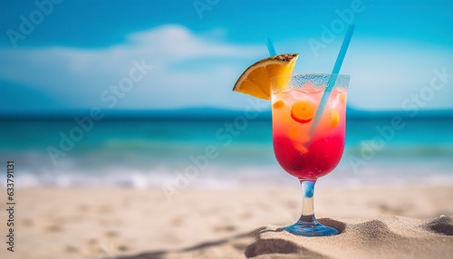 Cocktail glass on the sandy beach near the sea in summer time. Generative AI