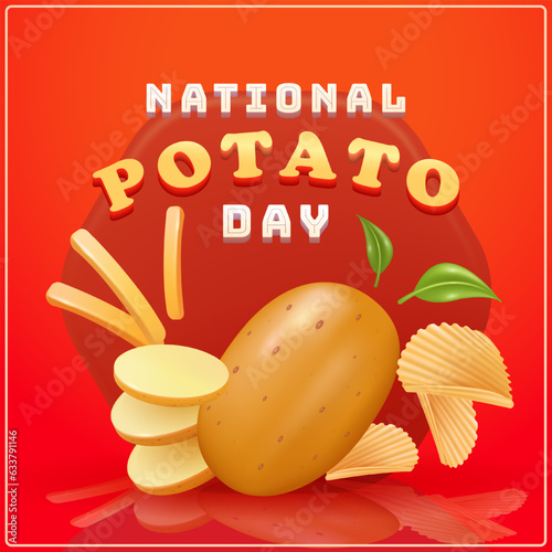 National Potato Day. 3d vector illustration of creative concepts of raw potato slices, potato chips and potato sticks. suitable for food and event advertising