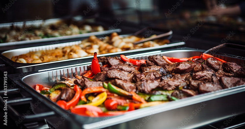Catering buffet food indoor in restaurant with grilled meat. Buffet service for any festive event, party or wedding reception. Generative AI.