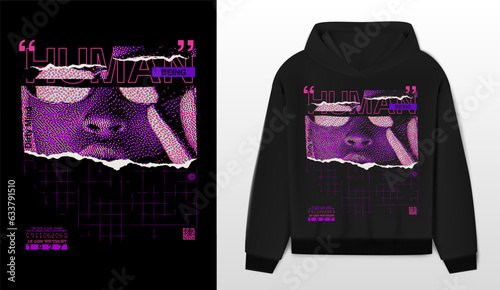 Art design of urban and retro-futuristic fusion, black hoodie and template. 'Human being' message in vibrant tones, with pixelated illustration in violet. Capture the essence of the human and futurist