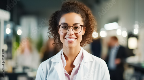 Portrait of a smiling african american female doctor standing. Portrait of medical team standing in modern hospital building. 