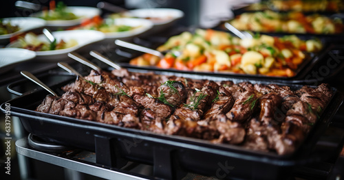 Catering buffet food indoor in restaurant with grilled meat. Buffet service for any festive event  party or wedding reception. Generative AI.