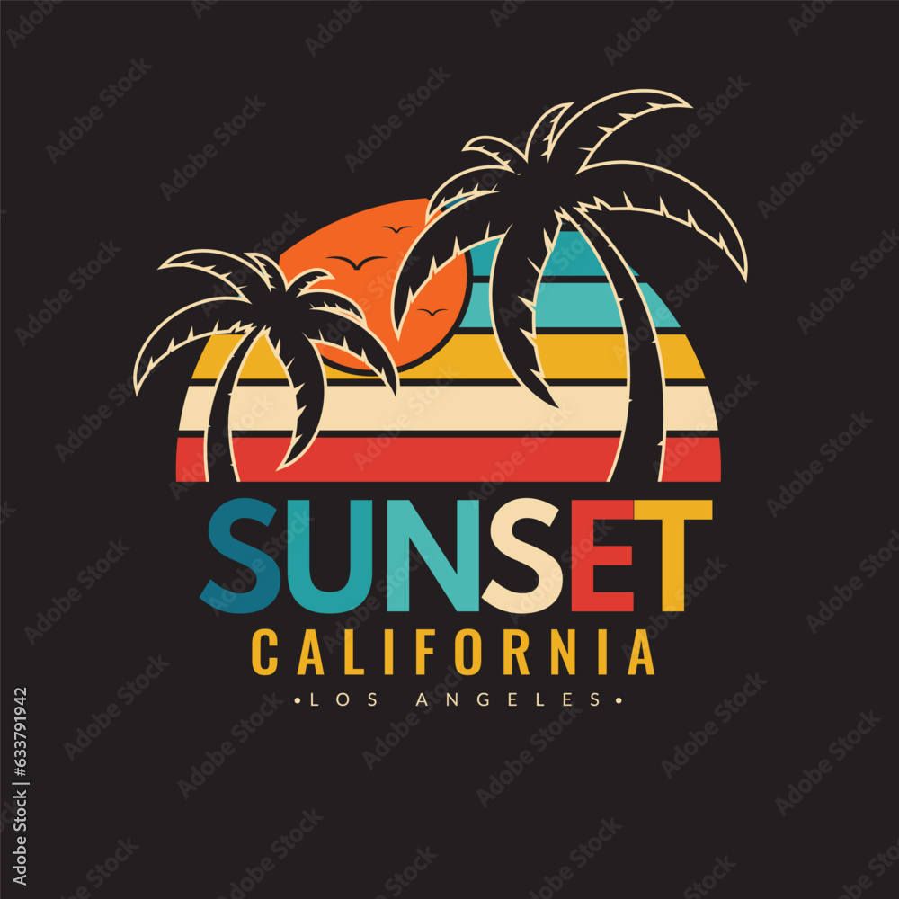 Retro vintage California sunset logo badges on black background graphics for t-shirts and other print production. Vector illustration for design. 70s-style concept.