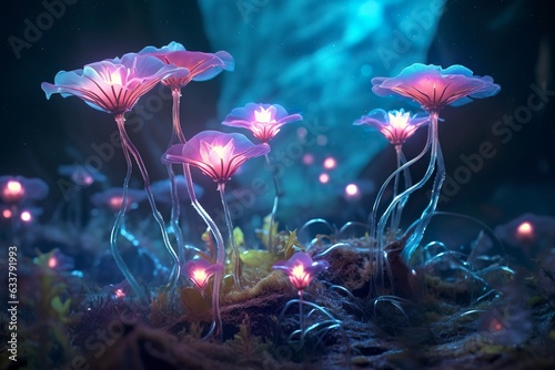 A bioluminescent alien crystal forest with flowers, bioluminescent carnivorous plants. © MSTSANTA