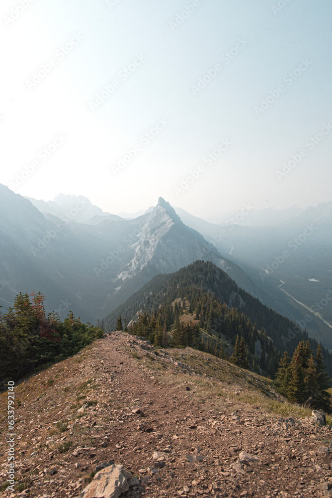 Views of mountains and forests on a summers day in Kananaskis Country, Alberta, Canada from on top of King Creek Ridge