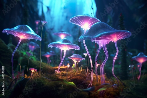 A bioluminescent alien crystal forest with flowers, bioluminescent carnivorous plants, 