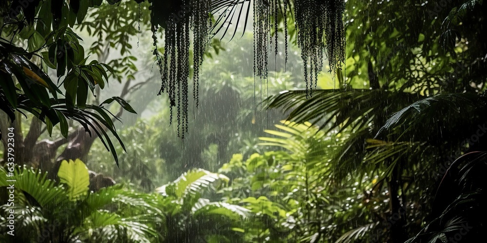 Rain falls in a rainforest with the rain drops. Generative AI
