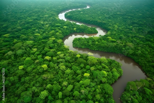 Aerial view of the Amazonas jungle landscape with river bend. Generative AI