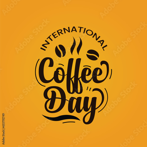 Coffee day vector illustration with text and coffee beans for celebrating international coffee day 2023. Coffee day typography greeting card creative idea on yellow background.