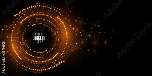 Digital circles of glowing dots. Big Data visualization into cyberspace with swirl energy. Network Information Decay. Futuristic modern background. Vector illustration.