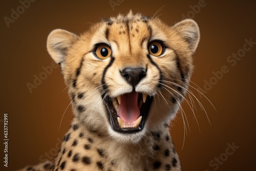 Happy surprised cheetah with open mouth.