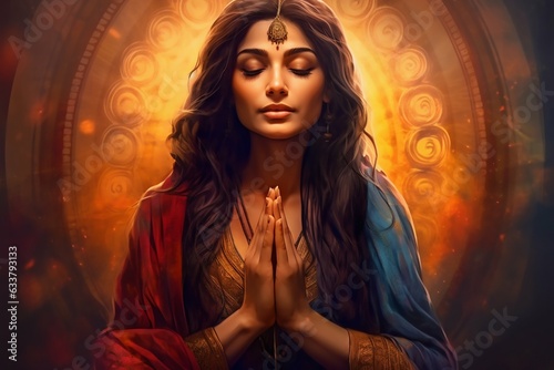 Beautiful Young Indian Woman in Prayer Wearing Traditional Dress. Generative ai