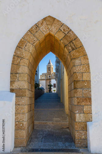 Church of Nuestra Señora de la O from stone arch door, in Rota, Cadiz, Andalusia