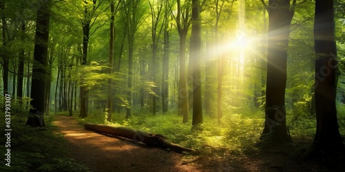 Beautiful rays of sunlight in a green forest. 