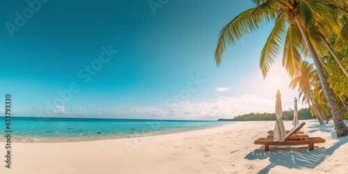 White sand and coconut plant travel tourism wide panorama background concept. 