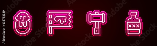Set line Viking head, flag, Battle hammer and Whiskey bottle. Glowing neon icon. Vector