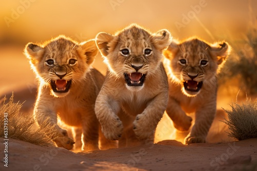 a group of young small teenage lions playing with each other and roaring in the desert, ultra wide angle lens