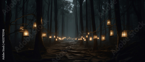 A mystical forest illuminated by lanterns Generative Ai