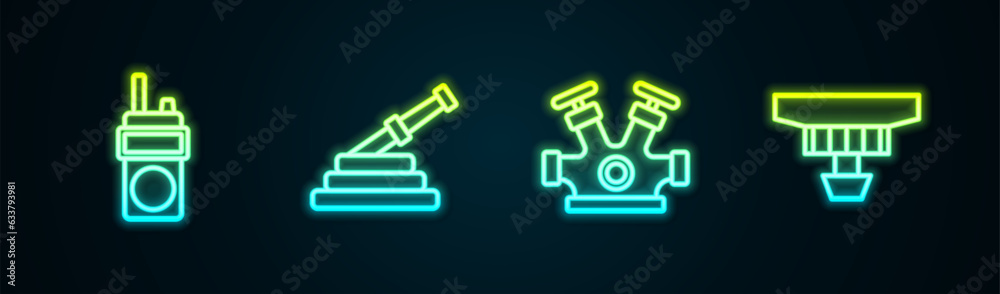 Set line Walkie talkie, Fire hose reel, hydrant and Smoke alarm system. Glowing neon icon. Vector Set line Walkie talkie, Fire hose reel, hydrant and Smoke alarm system. Glowing neon icon. Vector