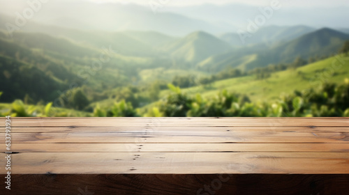 empty wooden table top with tea plantation view. Generative Ai.  © PETR BABKIN