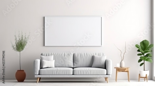Modern cozy mock up and decoration furniture of living room and empty canvas frame on the white wall texture background, 3D rendering. AI Generative