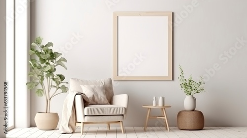 Modern cozy mock up and decoration furniture of living room and empty canvas frame on the white wall texture background  3D rendering. AI Generative