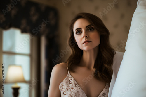 A beautiful woman with deep dark eyes wearing white night clothes Generative Ai © Eduardo