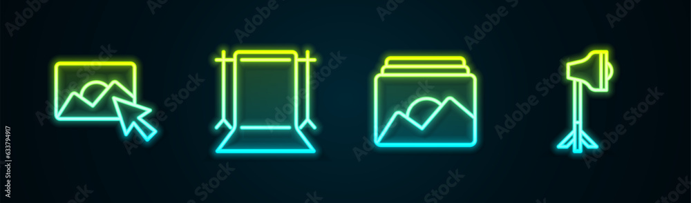 Set line Photo retouching, Empty photo studio, frame and Studio light bulb softbox. Glowing neon icon. Vector