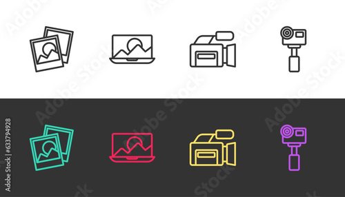 Set line Photo frame, retouching, Cinema camera and Action extreme on black and white. Vector