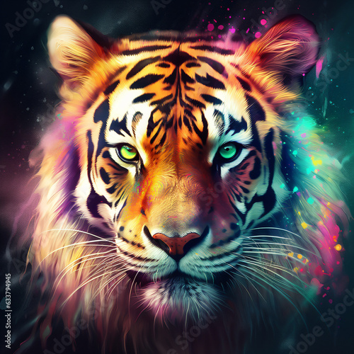 A fierce tiger surrounded in colorful neon colors Generative Ai