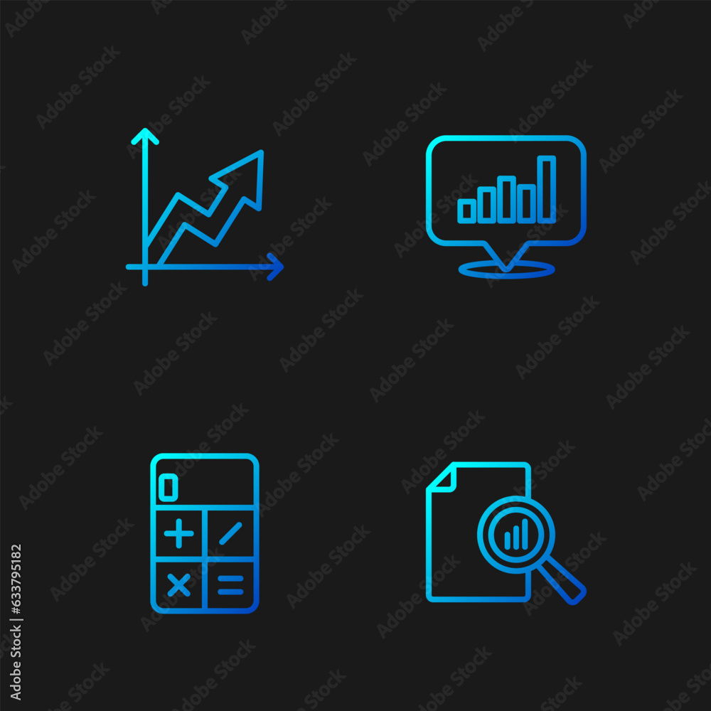 Set line Document with graph chart, Calculator, Financial growth and Pie infographic. Gradient color icons. Vector Set line Document with graph chart, Calculator, Financial growth and Pie infographic. Gradient color icons. Vector