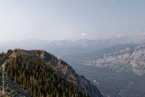 Views of mountains and forests on a summers day in Kananaskis Country, Alberta, Canada from on top of King Creek Ridge
