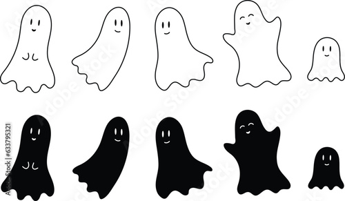 Cute Cartoon Ghosts Clipart - Outline & Silhouette