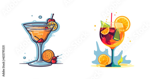 Alcohol drinks sticker set in trendy flat design style. Popular cocktails