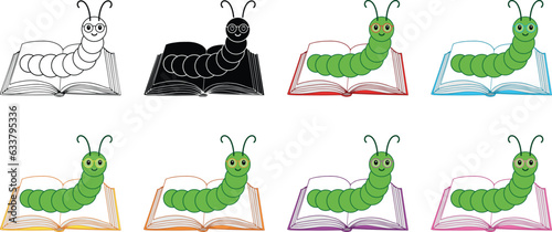 Cute Caterpillar or Bookworm On A book Clipart - Outline, Silhouette & Color