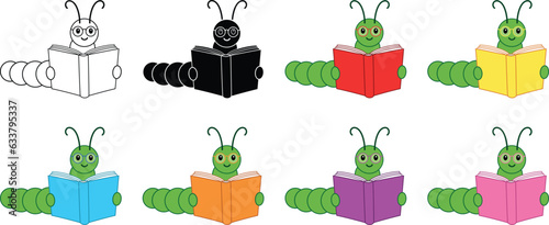 Cute Caterpillar or Bookworm Reading Clipart - Outline, Silhouette & Color
