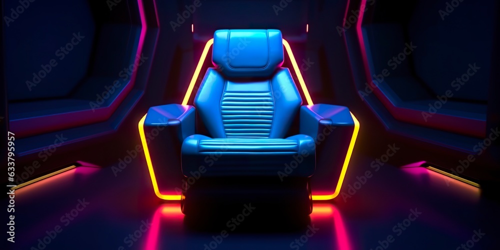 80s Inspired Captain Chair from Star Trek with Neon Lights and Cockpit Interior Background. AI Generative