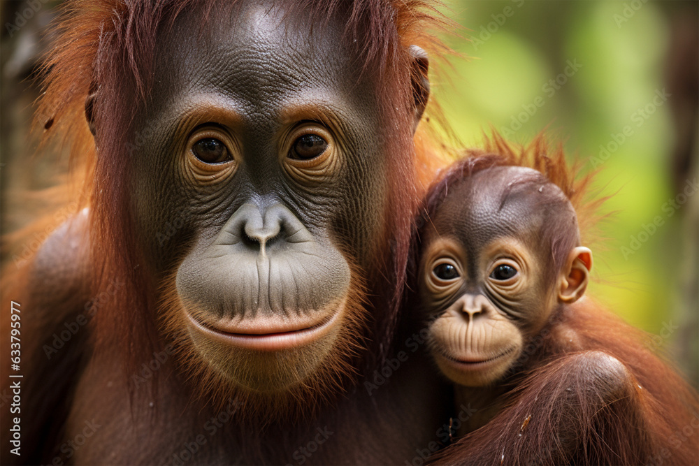 Female orangutan with her baby in the wild