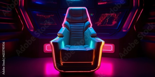 80s Inspired Captain Chair from Star Trek with Neon Lights and Cockpit Interior Background. AI Generative © MSTSANTA
