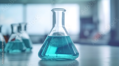 A Science Beaker in the laboratory on a table white and light blue background. laboratory equipment out of focus. AI Generative