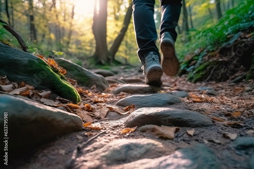 Close up a person's feet walking on rocks, Walking on a trail in the woods, Travel Concept. AI Generative
