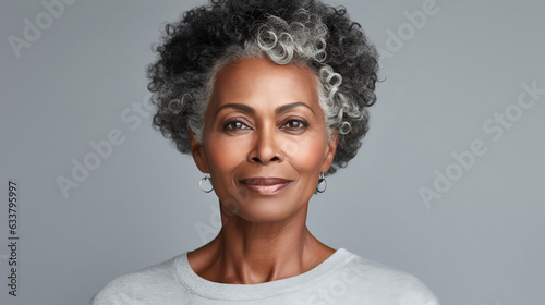 Portrait of middle aged black african american woman on isolated grey background, mature skin makeup and skincare