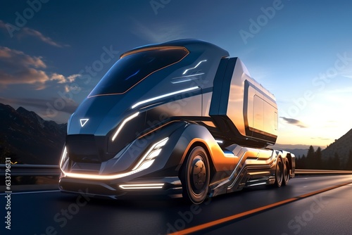23rd Century Futuristic Truck with Hyper Modern Drive, Wide Angle Lens, and Futuristic Skyscraper in the Background. AI Generative