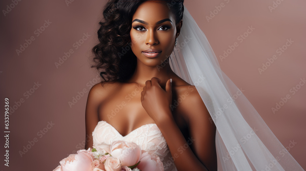 Beautiful afro american young bride in wedding dress close up, generative ai Beautiful afro american young bride in wedding dress close up, generative ai